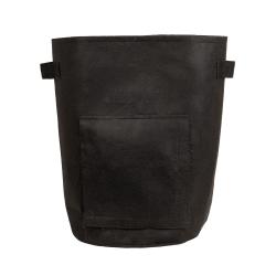 Schwarze Aufbewahrungstasche aus festem Material. Hat zwei Griffe und eine kleine Tasche vorne.