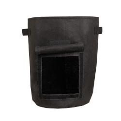 Schwarze Aufbewahrungstasche aus festem Material. Hat zwei Griffe und eine kleine Tasche vorne.