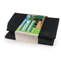 Schwarze Aufbewahrungstasche aus festem Material. Hat zwei Griffe und eine kleine Tasche vorne.