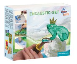 Verpackung eines Encaustic-Sets. Abgebildet sind verschiedene Maltechniken und ein grüner Frosch mit einer Krone.