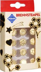 Set mit zehn goldenen Brennstempeln in verschiedenen Formen. Verpackung zeigt florale und herzliche Motive.