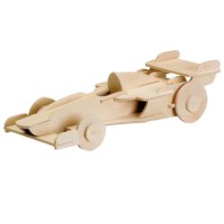Modell eines Rennwagens aus Holz. Schlichte, klare Form mit Rädern und Spoilern.