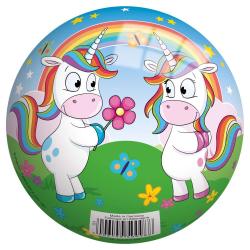 Bunte, cartoonartige Darstellung eines Einhorns mit Regenbogenmähne. Hintergrund mit Regenbogen und Blumen.