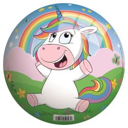 Runde Ball mit zwei bunten Einhörnern. Ein Einhorn hält eine Blume. Heller Hintergrund mit Regenbogen und Schmetterlingen.