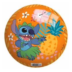 Runde Ball mit orangefarbener Oberfläche. Abbildung von einem blauen, fröhlichen Charakter mit Grasrock und Ananas.