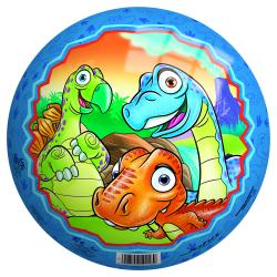Bunte Ball mit cartoonhaften Dinosauriern. Drei fröhliche Dinos auf einem farbenfrohen Hintergrund.