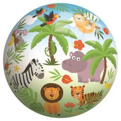 Bunte Ball mit Tiermotiven. Abgebildet sind ein Elefant, ein Rhinozeros, eine Giraffe und Affen.