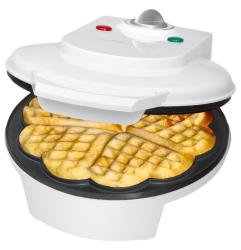 weißer Waffeleisen mit runder Form. Es hat einen Drehknopf und zwei Kontrollleuchten.