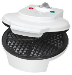weißer Waffeleisen mit runder Form. Es hat einen Drehknopf und zwei Kontrollleuchten.