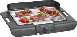 Elektrischer Tischgrill mit zwei Steaks und Gemüse. Grillfläche mit Metallrost und Temperaturregler.