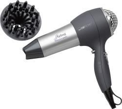 Haartrockner in silber und schwarz. Mit einem Diffusoraufsatz für lockiges Haar.