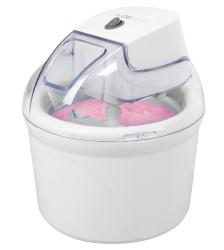 Eismaschine in Weiß mit transparentem Deckel. Innen ist rosa Eiscreme sichtbar.
