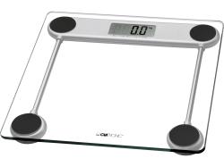 Digitale Personenwaage mit Glasoberfläche. Maximalgewicht 150 kg, minimal 2,5 kg. Anzeige in Kilogramm, derzeit 0,0 kg.
