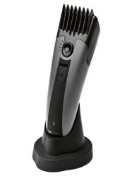 Haarschneider in Schwarz und Silber. Ergonomisches Design. Steht in einer Halterung. Einstellbare Schnittlängen.