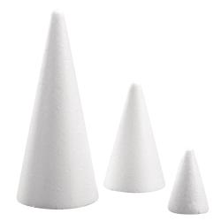 Drei weiße Kegel aus Styropor in unterschiedlichen Größen. Sie sind glatt und haben eine konische Form.