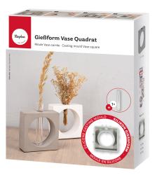 Verpackung für eine quadratische Gießform für Vasen. Zwei Vasen in verschiedenen Farben sind abgebildet.