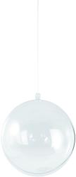 Durchsichtige, runde Lampe, die an einem dünnen Kabel hängt. Die Oberfläche ist glatt und glänzend.