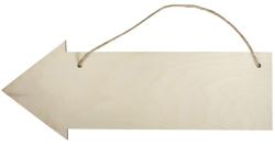 Holzschild in Pfeilform. Unbehandelte Oberfläche, mit Aufhängeschnur.