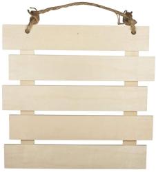 Holzschild mit fünf horizontalen Planken. Mit einem Seil zum Aufhängen.