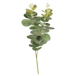 Künstlicher Zweig mit grünen Blättern und kleinen weißen Blüten. Die Blätter haben eine strukturierte Oberfläche.