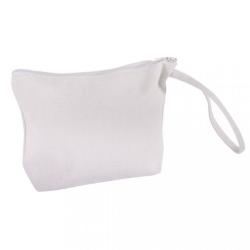 Weiße Kosmetiktasche mit Reißverschluss. Hat einen kleinen Griff an der Seite.