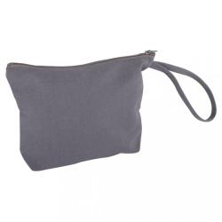 Graue Kosmetiktasche mit Reißverschluss. Hat einen kleinen Tragegriff.
