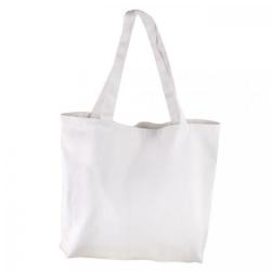 weiße Stofftasche mit zwei langen Trägern. Schlicht und ohne Muster.