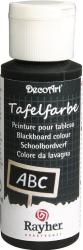Schwarze Tafelfarbe in einer Flasche. Auf dem Etikett steht 'Tafelfarbe' in verschiedenen Sprachen. Abgebildet ist ein Schild mit 'ABC'.