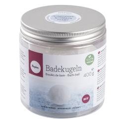 Transparente Dose mit Badekugeln. Inhalt 400g, vegan, schäumend.