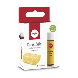 Flasche mit Seifenfarbe. Gelbe Verpackung. Aufschrift: 'Seifenfarbe', 'Couleur pour savon', 'Soap colour'. DIY-Produkt. Zitrone als Farbton.