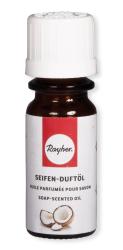 Braune Flasche mit weißem Deckel. Enthält Seifen-Duftöl mit Kokosnussduft.