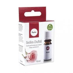 Braune Flasche mit weißem Deckel. Enthält Seifen-Duftöl mit Rosenduft.