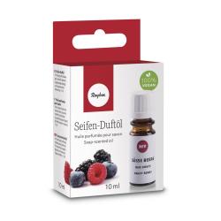 Braune Flasche mit weißem Deckel. Beschriftung mit dem Text 'Seifen-Duftöl' und einer Abbildung von Beeren.