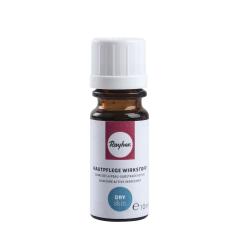 Braune Flasche mit weißem Schraubverschluss. Etikett in Rot und Weiß. Beschriftung: Hautpflege Wirkstoff, für trockene Haut, 10 ml.