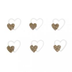 Sechs Haarklammern in Herzform. Transparent mit glitzerndem goldenen Herzen. Einfache, verspielte Designs.