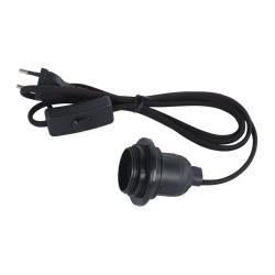 Schwarzes Kabel mit Stecker und Schalter. Am Ende eine Lampenfassung.