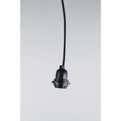 Schwarzes Kabel mit Stecker und Schalter. Am Ende eine Lampenfassung.