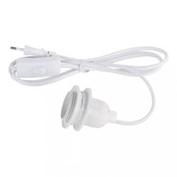Weißes Lampenkabel mit Schalter und Stecker. Enthält eine Fassung für eine Glühbirne.