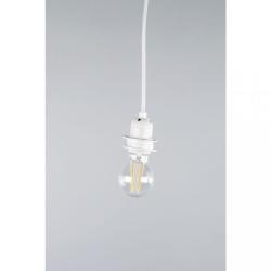 Weißes Lampenkabel mit Schalter und Stecker. Enthält eine Fassung für eine Glühbirne.