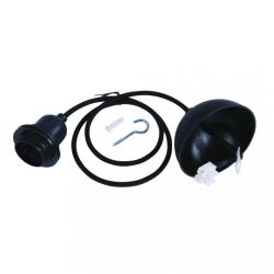 Schwarze Lampenfassung mit Kabel und Halbkugel. Enthält einen Haken und Befestigungselemente.