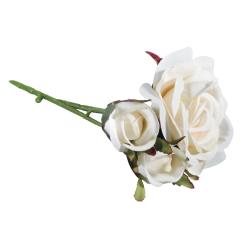Drei weiße Rosen mit grünen Blättern. Eine große und eine kleine Blüte.