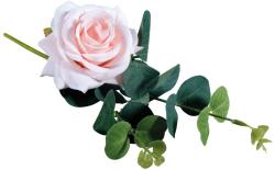 Rosa Kunstblume mit grünen Blättern. Die Blüte ist groß und voll.