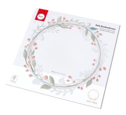 Holzkranz mit floralen Motiven in sanften Farben. Verpackung zeigt eine runde Form mit Blättern und Beeren.