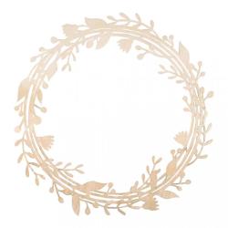 Holzkranz mit floralen Motiven in sanften Farben. Verpackung zeigt eine runde Form mit Blättern und Beeren.