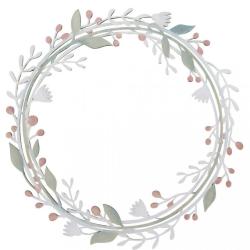 Holzkranz mit floralen Motiven in sanften Farben. Verpackung zeigt eine runde Form mit Blättern und Beeren.
