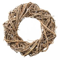 Ein runder Kranz aus dünnen, verwundenen Ästen. Naturmaterial in braunen Farbtönen.