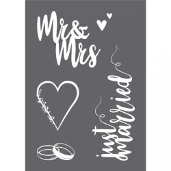 Grafik mit Hochzeitsmotiven. Texte wie 'Mr & Mrs', 'just married' und zwei Ringe.