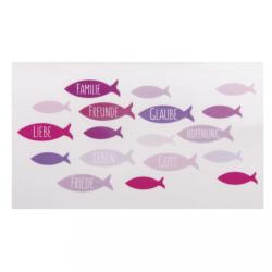 Aufkleber mit bunten Fischen. Wörter wie Familie, Liebe, Freunde und Hoffnung sind darauf abgebildet.