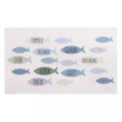 Hintergrund mit verschiedenen Fischen in Blau- und Grüntönen. Wörter wie Familie, Liebe und Frieden sind darauf geschrieben.