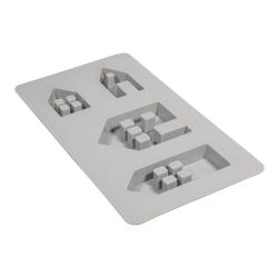 Grauem Silikonform mit verschiedenen geometrischen Formen. Enthält kleine Häuser und Blöcke. Flache, rechteckige Basis.